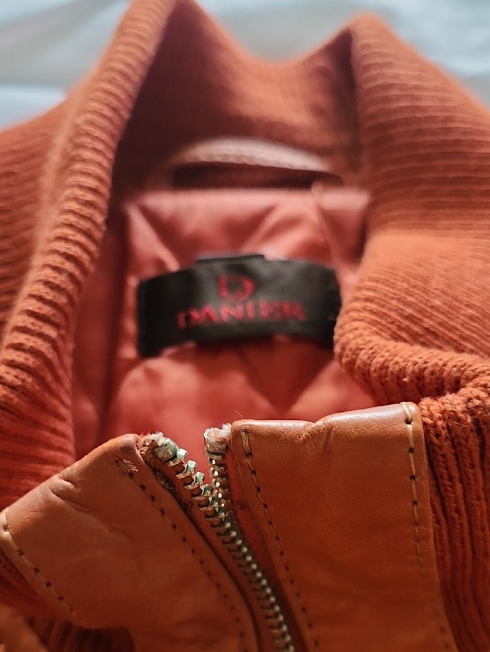 Rare Vintage Danier Orange Leather Jacket with White Racing Stripes - Picture 2 of 3